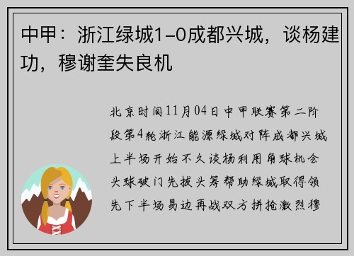 中甲：浙江绿城1-0成都兴城，谈杨建功，穆谢奎失良机