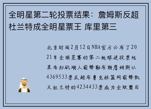 全明星第二轮投票结果：詹姆斯反超杜兰特成全明星票王 库里第三