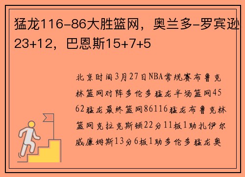 猛龙116-86大胜篮网，奥兰多-罗宾逊23+12，巴恩斯15+7+5